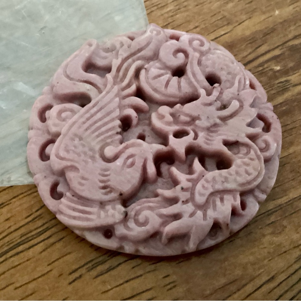 Phoenix & Chinese Dragon Carved Pendant Stone Rebirth Pink 2”
